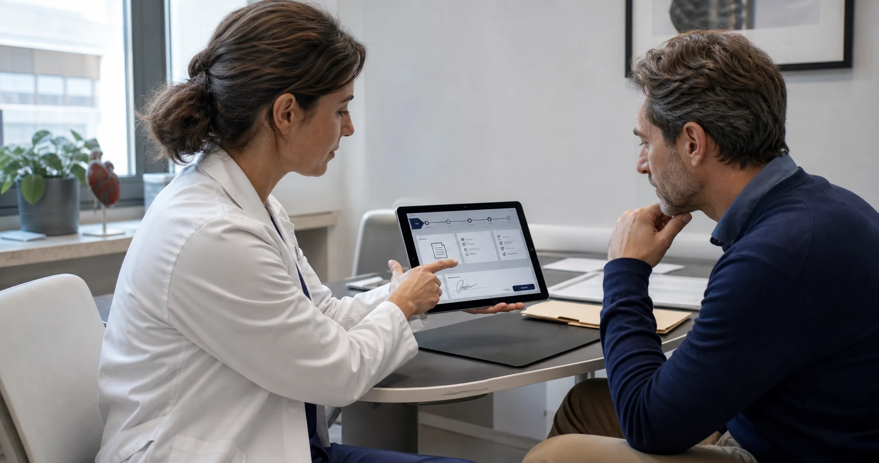 Una professionista sanitaria e un paziente consultano insieme un percorso digitale su tablet
