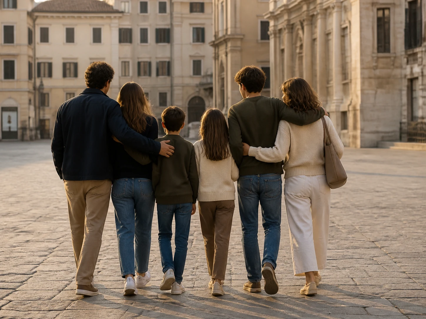 Una famiglia di sei persone, tutte di spalle, cammina unita in una piazza